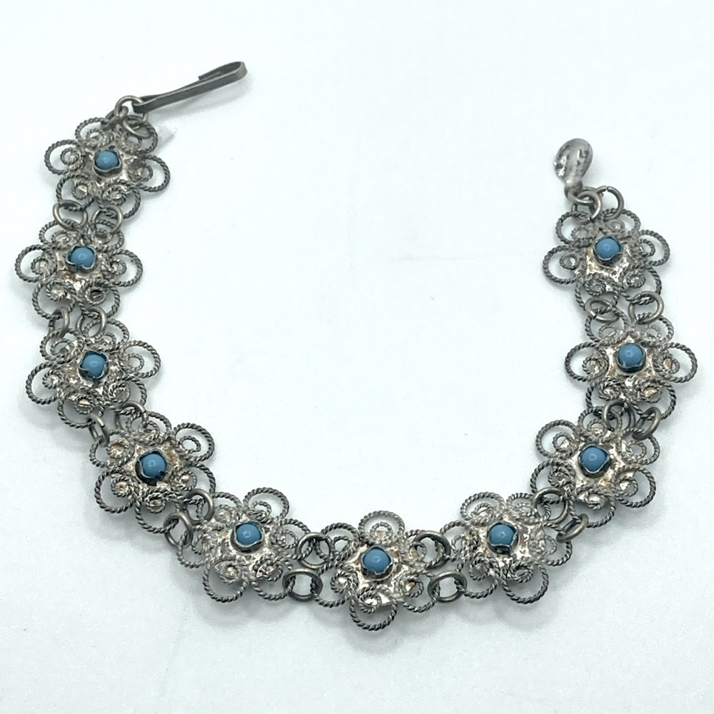 Vtg Sterling Turquoise Filigree Floral Flower Bracelet 7.5” / Vintage